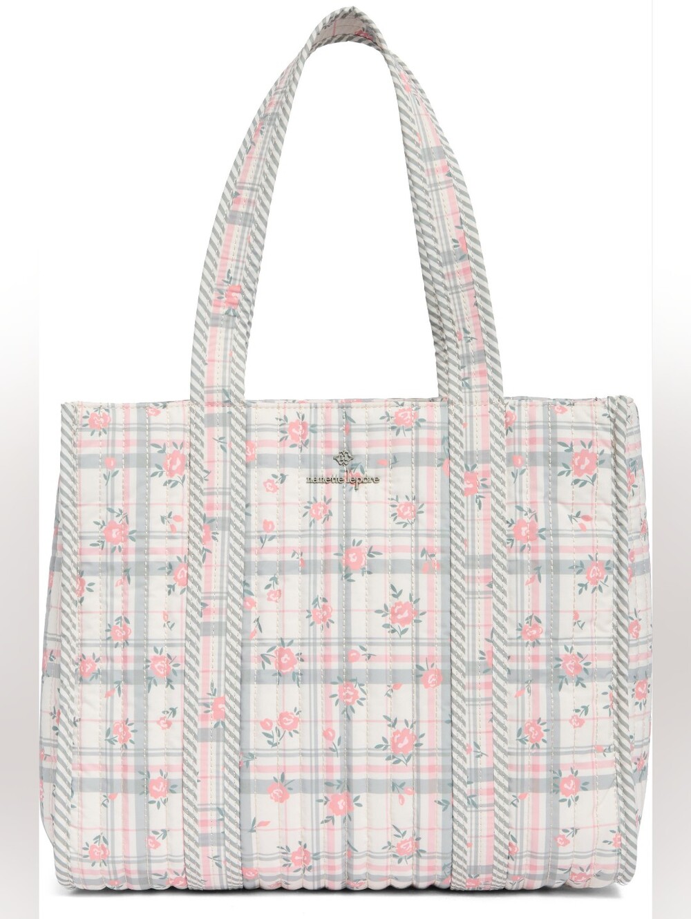 Nanette Lepore Pink and Gray Floral Plaid Quilted Tote